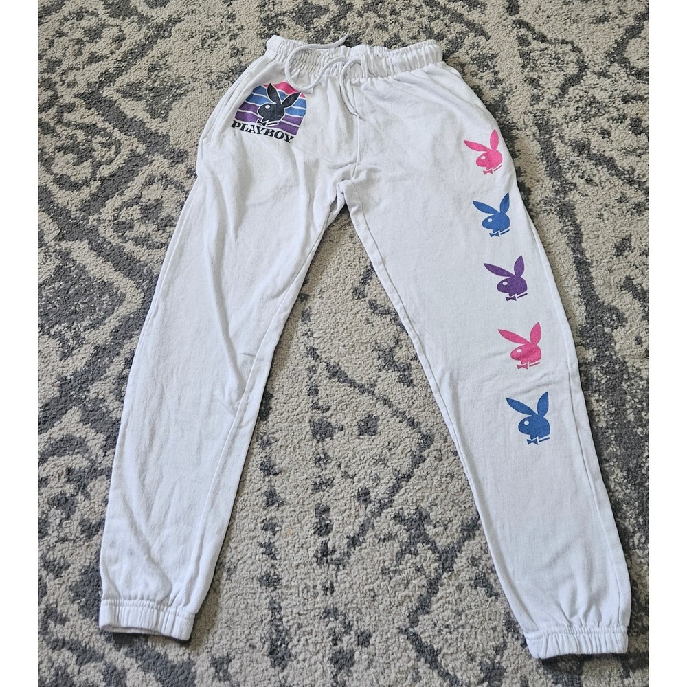 Playboy White Graphic Jogger Sweatpants Retro Bunny Logo XS